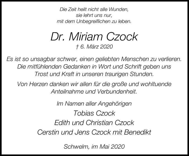  Traueranzeige für Miriam Czock vom 02.05.2020 aus waz