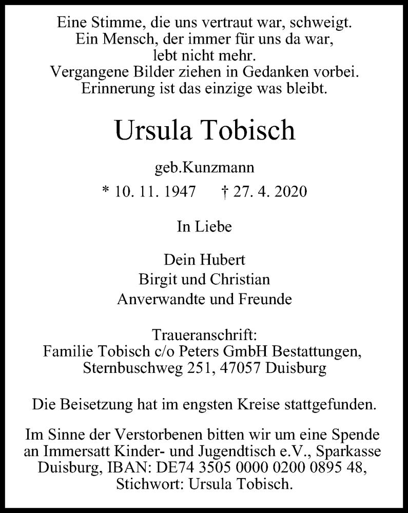  Traueranzeige für Ursula Tobisch vom 09.05.2020 aus Tageszeitung
