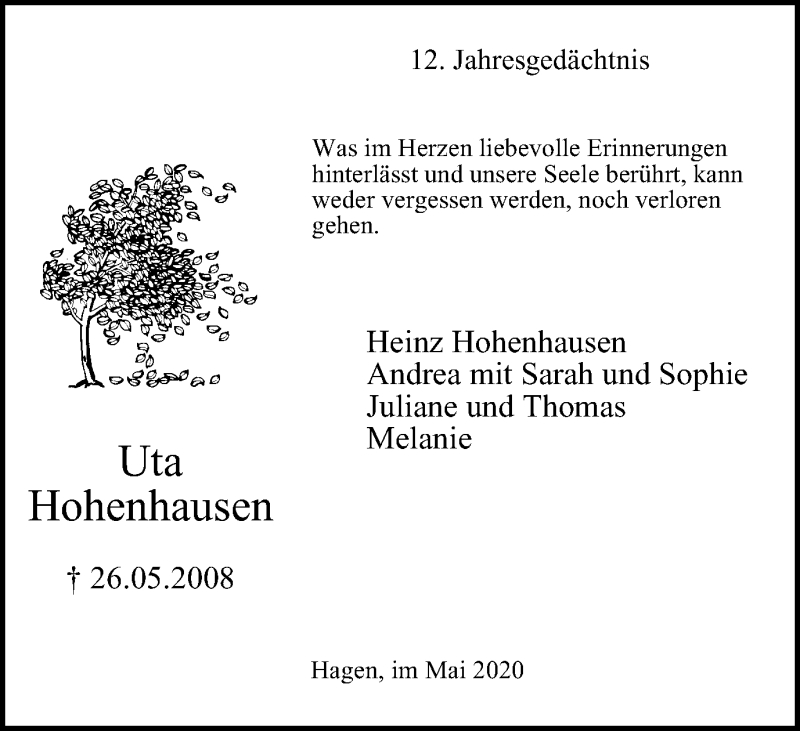  Traueranzeige für Uta Hohenhausen vom 26.05.2020 aus Tageszeitung