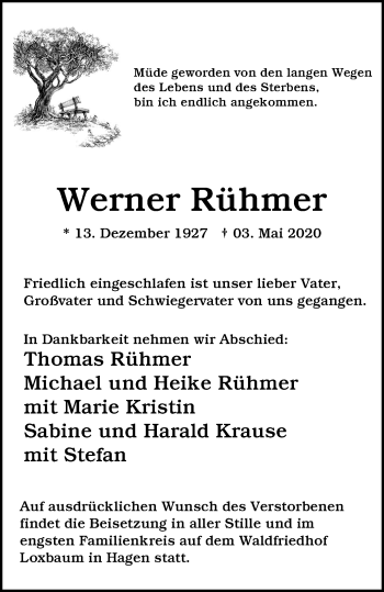 Traueranzeige von Werner Rühmer von Tageszeitung