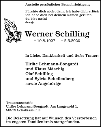 Traueranzeige von Werner Schilling von Tageszeitung