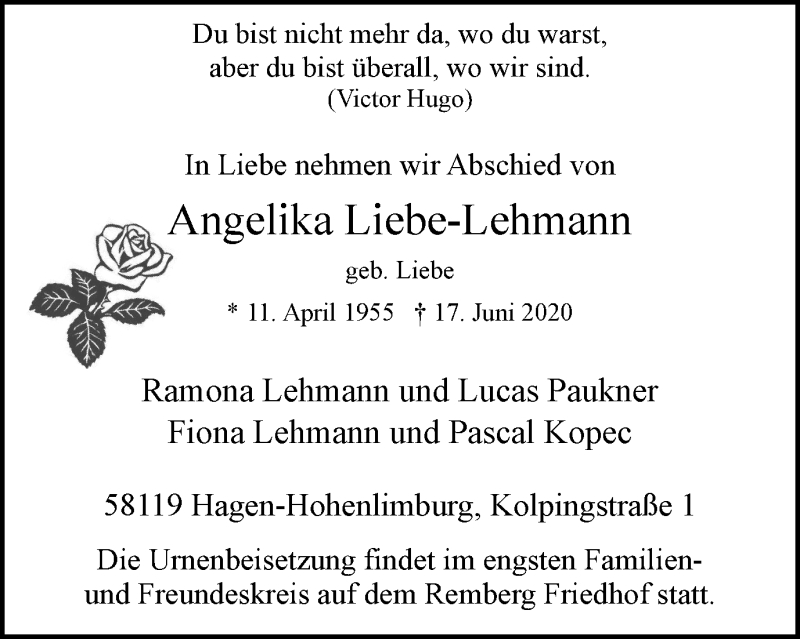  Traueranzeige für Angelika Liebe-Lehmann vom 29.06.2020 aus Tageszeitung