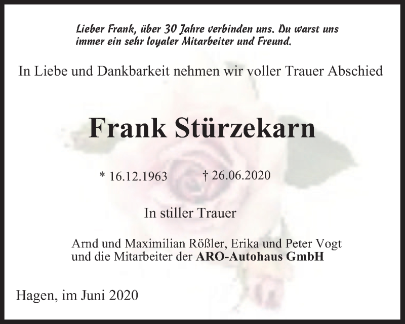  Traueranzeige für Frank Stürzekarn vom 30.06.2020 aus Tageszeitung