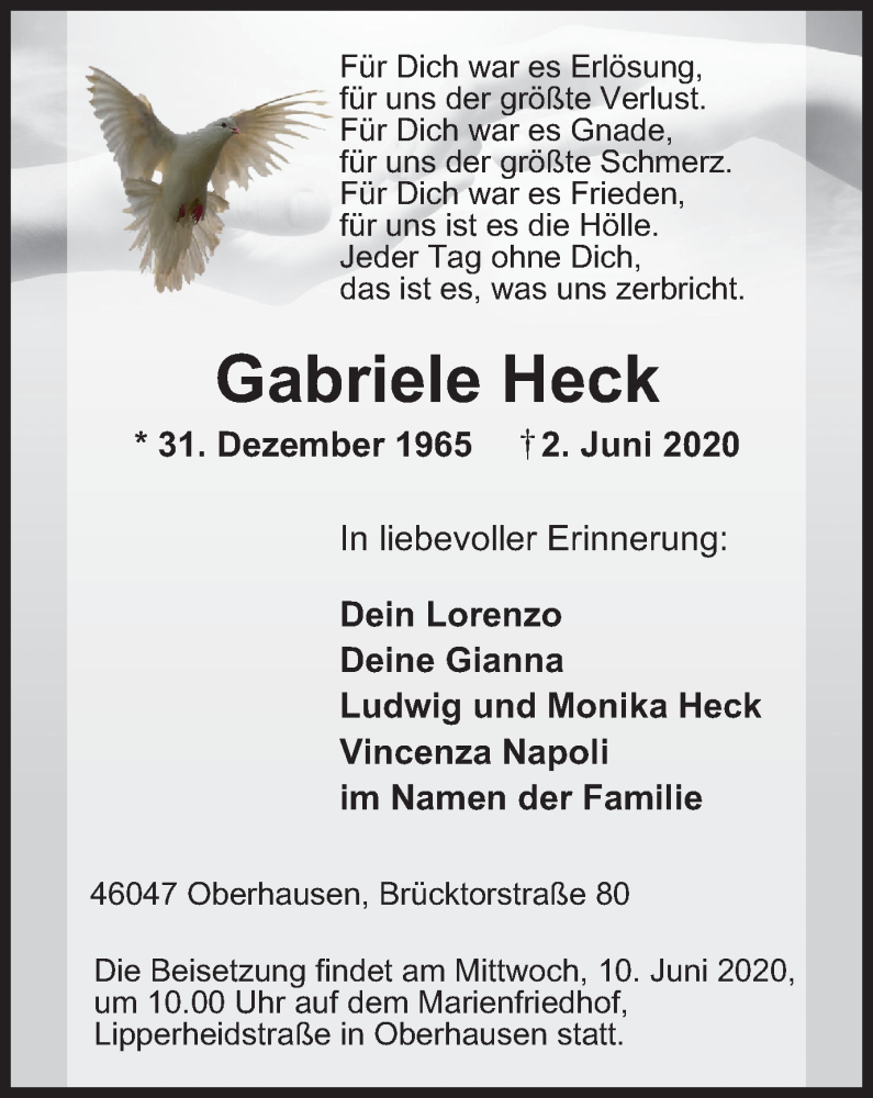  Traueranzeige für Gabriele Heck vom 06.06.2020 aus Tageszeitung