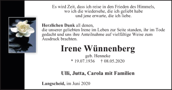Traueranzeige von Irene Wünnenberg von Tageszeitung