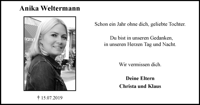 Traueranzeige für Anika Weltermann vom 15.07.2020 aus Tageszeitung