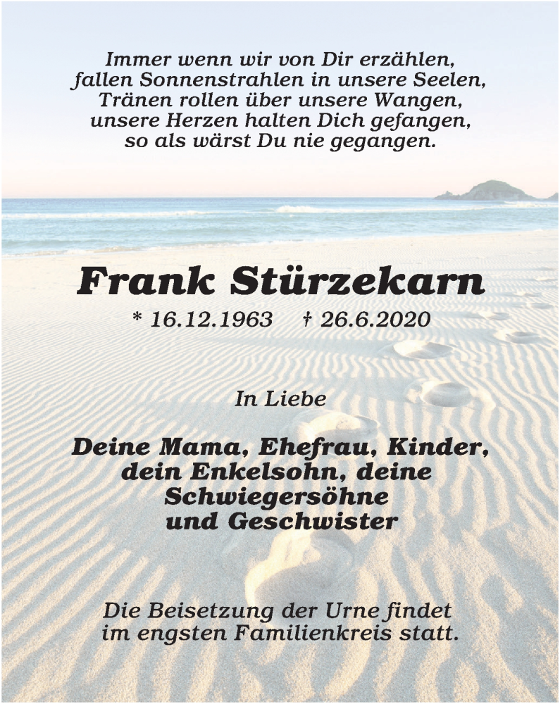  Traueranzeige für Frank Stürzekarn vom 04.07.2020 aus Tageszeitung