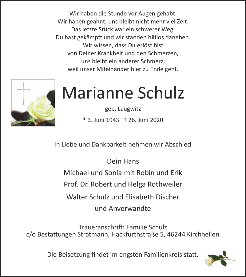 Traueranzeigen von Marianne Schulz | Trauer-in-NRW.de