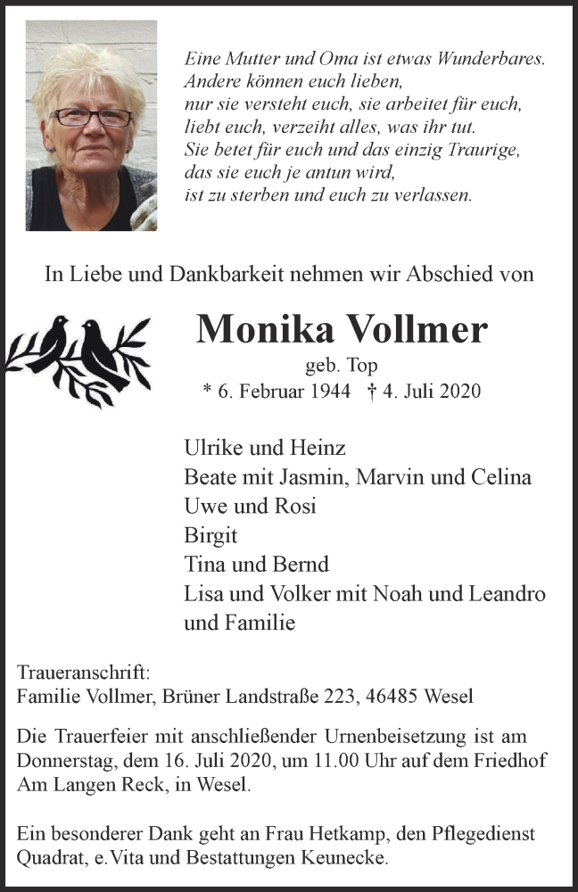  Traueranzeige für Monika Vollmer vom 11.07.2020 aus Tageszeitung