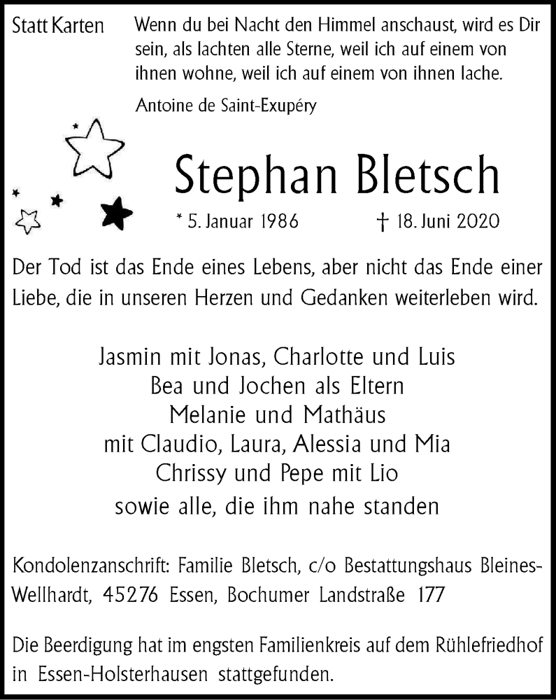  Traueranzeige für Stephan Bletsch vom 04.07.2020 aus Tageszeitung