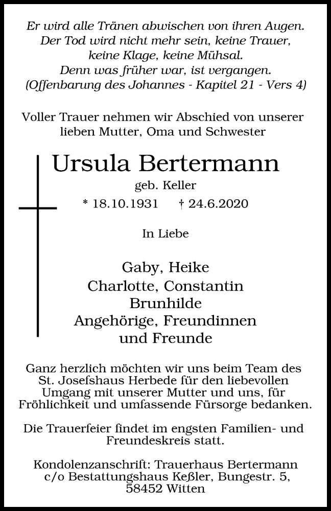  Traueranzeige für Ursula Bertermann vom 01.07.2020 aus Tageszeitung