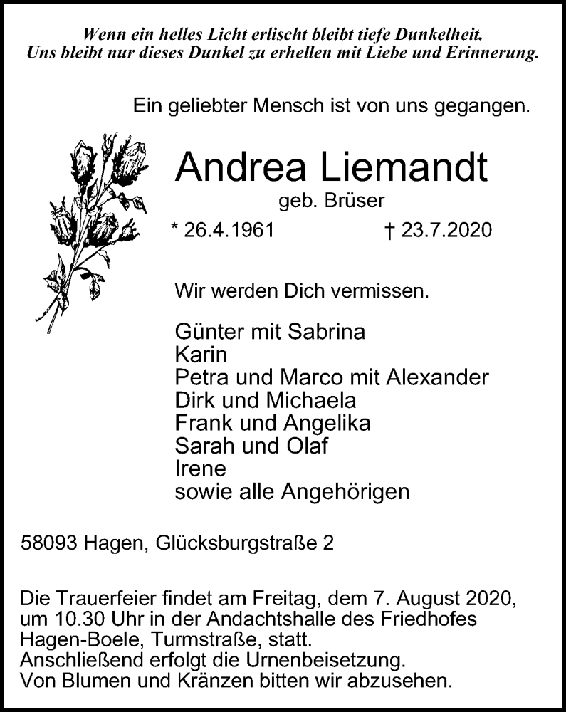  Traueranzeige für Andrea Liemandt vom 01.08.2020 aus Tageszeitung