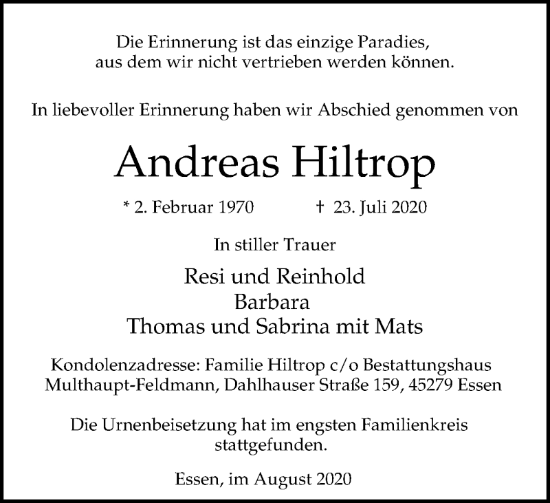  Traueranzeige für Andreas Hiltrop vom 08.08.2020 aus Tageszeitung