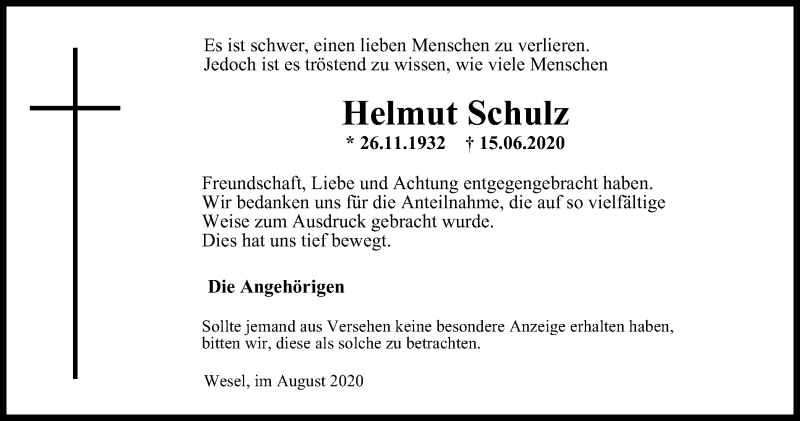  Traueranzeige für Helmut Schulz vom 04.08.2020 aus Tageszeitung