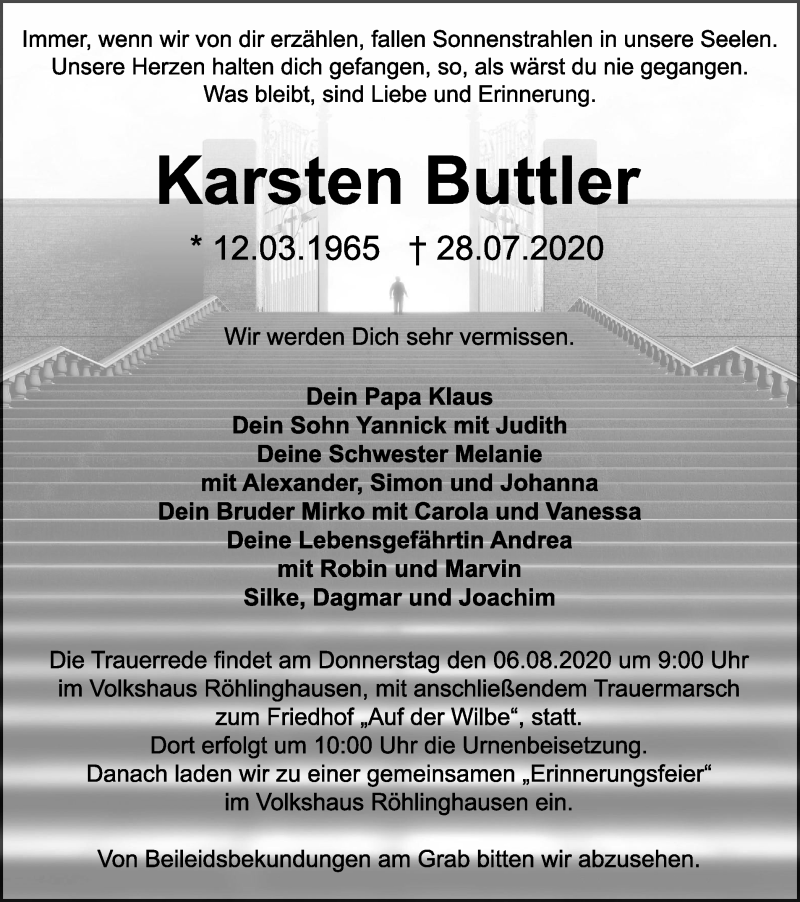 Traueranzeige für Karsten Buttler vom 01.08.2020 aus Tageszeitung