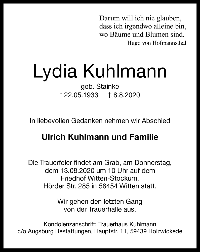  Traueranzeige für Lydia Kuhlmann vom 11.08.2020 aus Tageszeitung