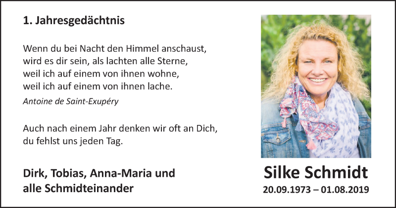  Traueranzeige für Silke Schmidt vom 01.08.2020 aus Tageszeitung