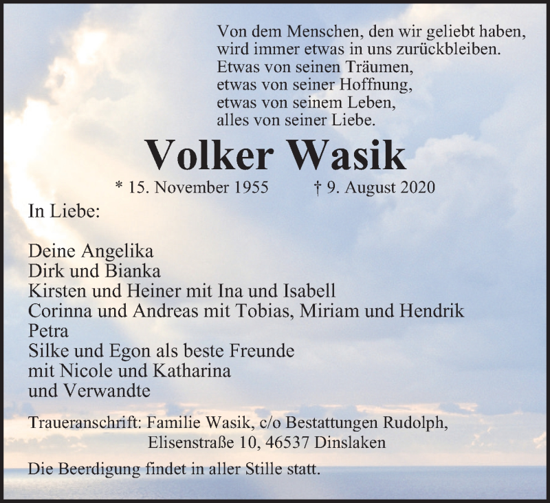  Traueranzeige für Volker Wasik vom 15.08.2020 aus Tageszeitung