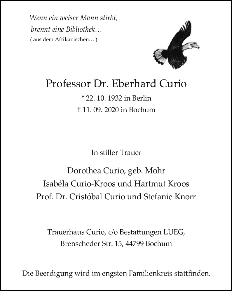  Traueranzeige für Eberhard Curio vom 26.09.2020 aus Tageszeitung