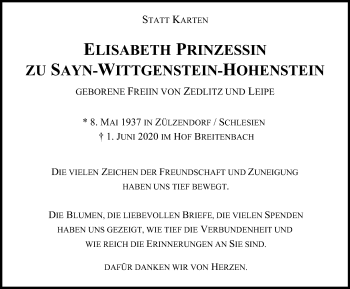 Traueranzeige von Elisabeth Prinzessin zu Sayn-Wittgenstein-Hohenstein von Tageszeitung
