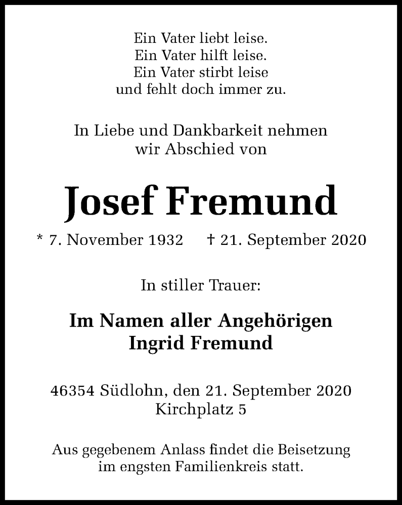  Traueranzeige für Josef Fremund vom 30.09.2020 aus Tageszeitung