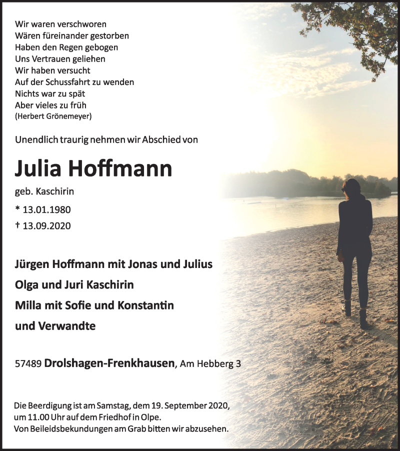  Traueranzeige für Julia Hoffmann vom 16.09.2020 aus Tageszeitung