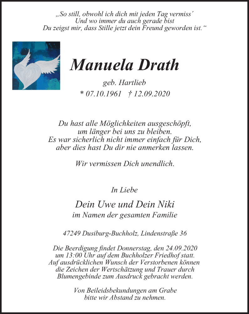  Traueranzeige für Manuela Drath vom 19.09.2020 aus waz