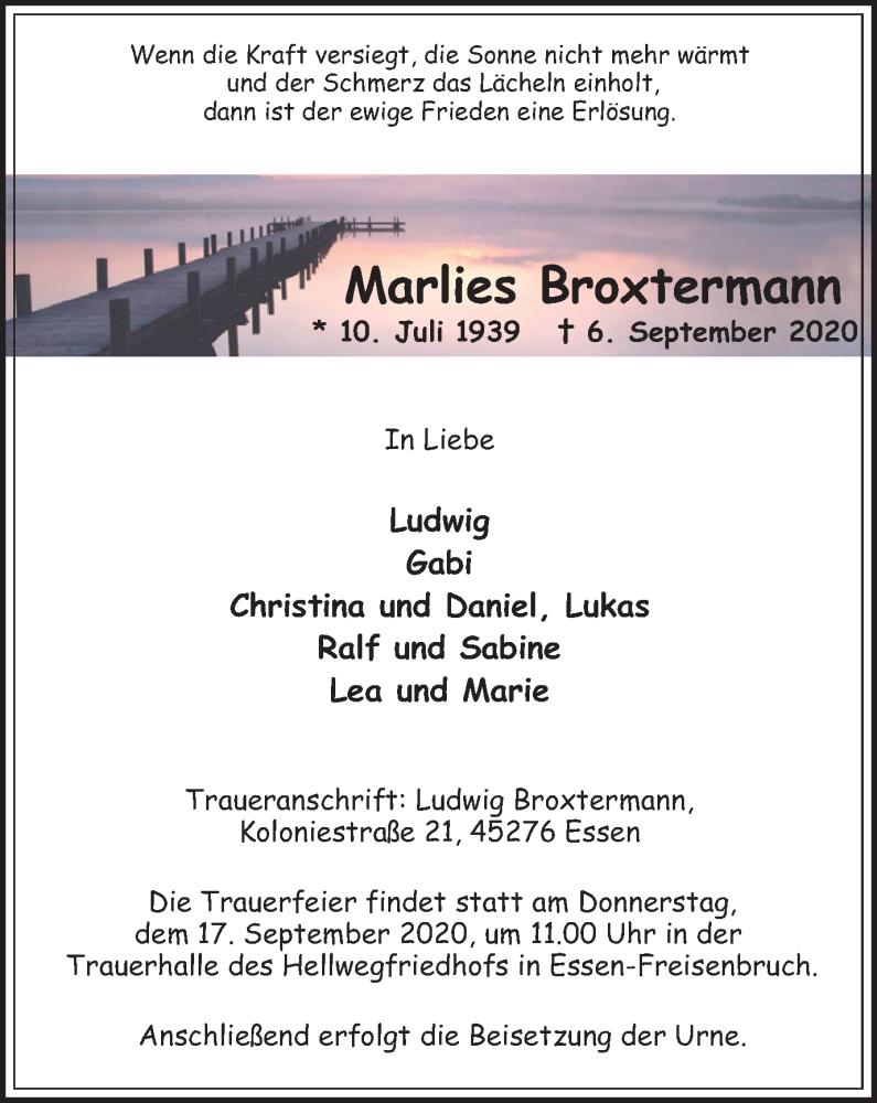 Traueranzeige für Marlies Broxtermann vom 12.09.2020 aus Tageszeitung