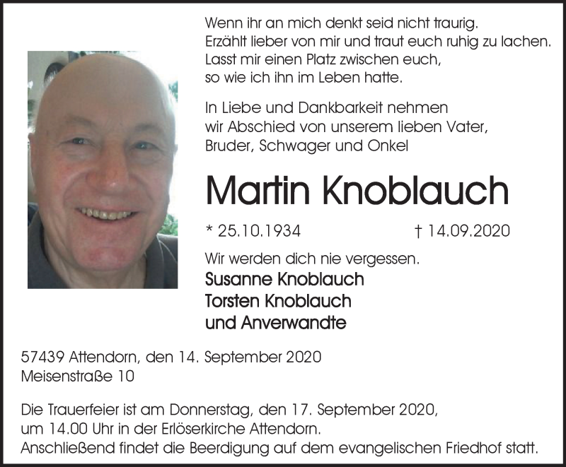 Traueranzeige für Martin Knoblauch vom 15.09.2020 aus Tageszeitung