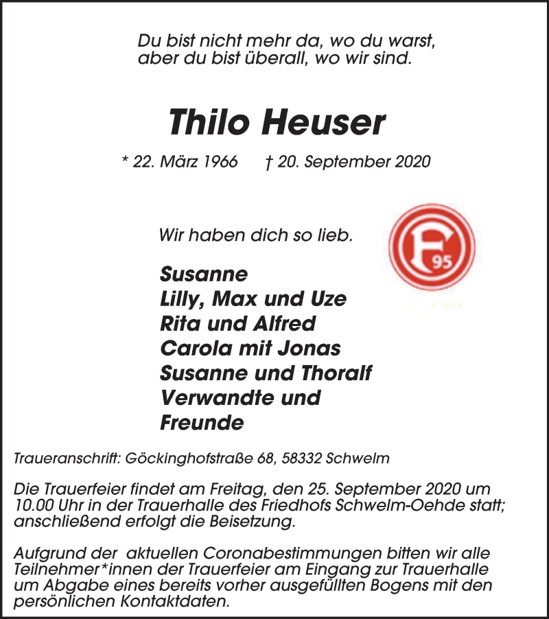  Traueranzeige für Thilo Heuser vom 22.09.2020 aus Tageszeitung