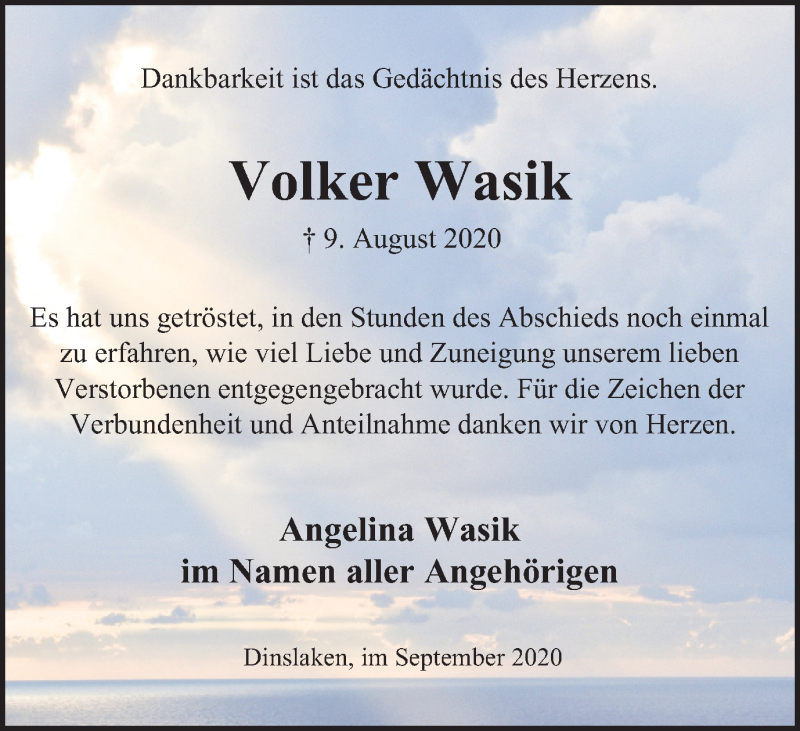  Traueranzeige für Volker Wasik vom 12.09.2020 aus Tageszeitung