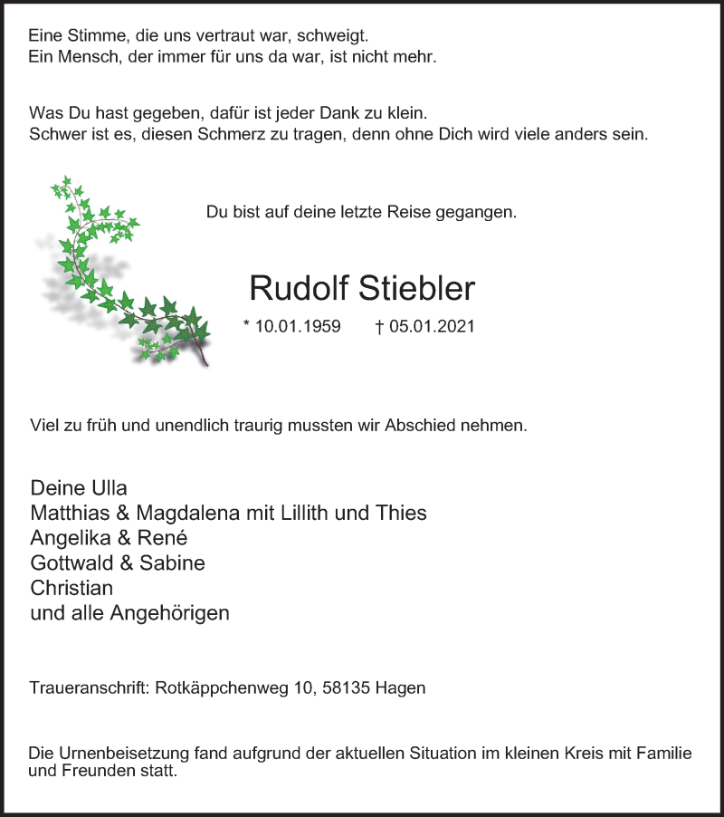  Traueranzeige für Rudolf Stiebler vom 23.01.2021 aus Tageszeitung