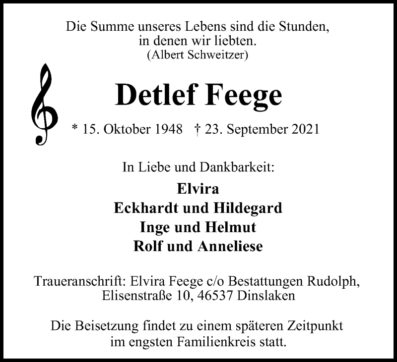  Traueranzeige für Detlef Feege vom 02.10.2021 aus waz