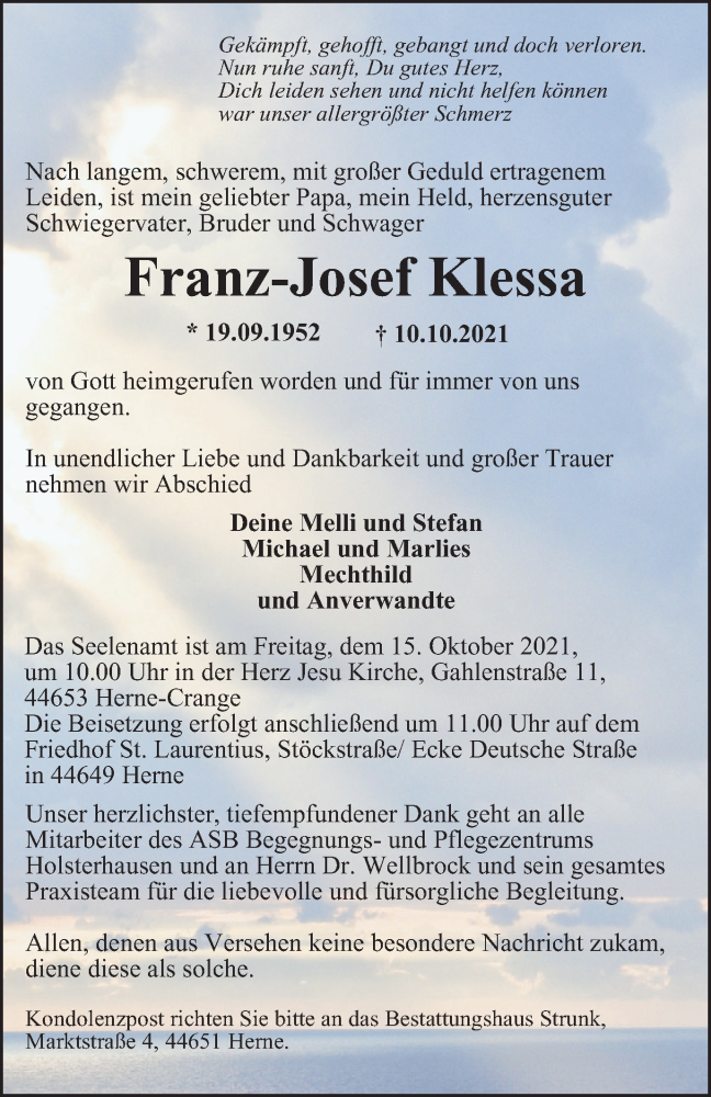  Traueranzeige für Franz-Josef Klessa vom 13.10.2021 aus Tageszeitung