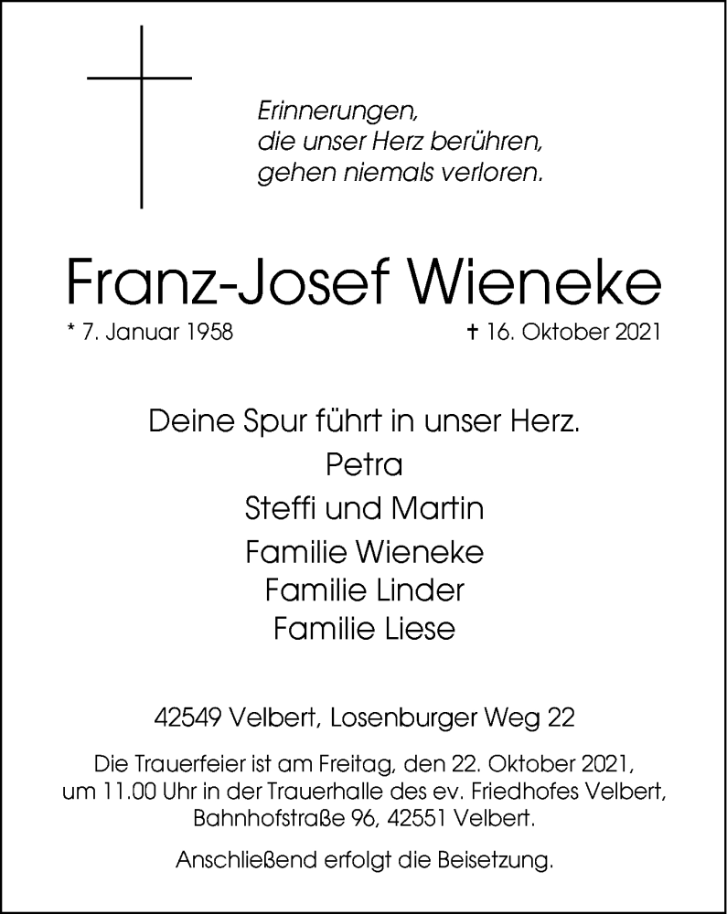  Traueranzeige für Franz-Josef Wieneke vom 20.10.2021 aus Tageszeitung