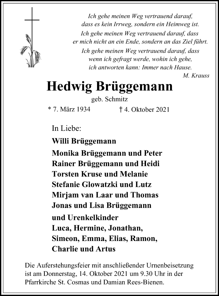  Traueranzeige für Hedwig Brüggemann vom 12.10.2021 aus waz