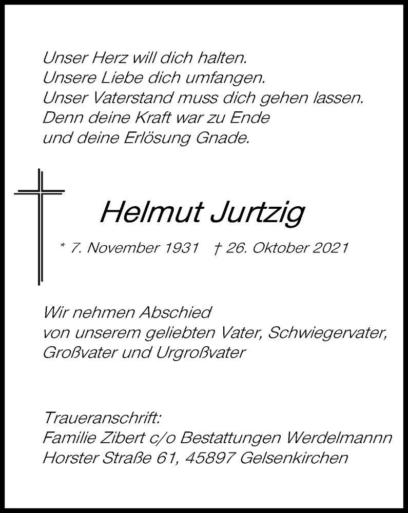  Traueranzeige für Helmut Jurtzig vom 30.10.2021 aus Tageszeitung