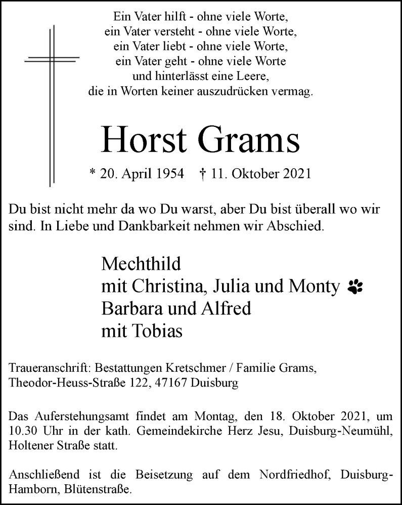  Traueranzeige für Horst Grams vom 15.10.2021 aus Tageszeitung