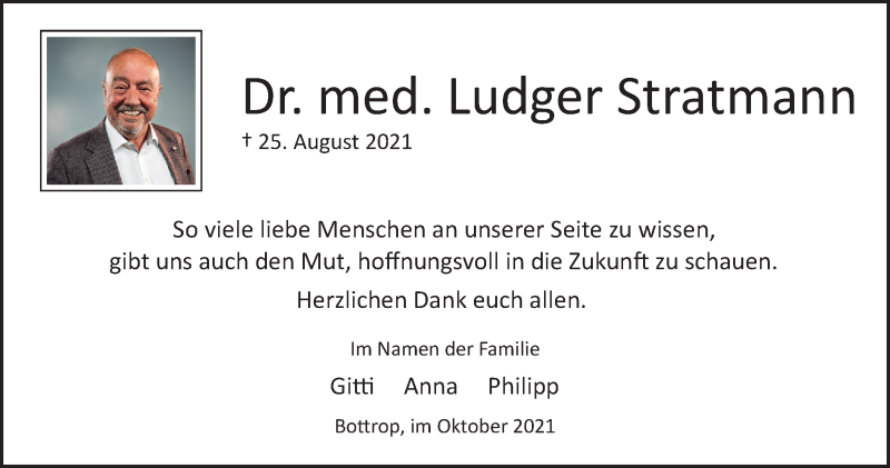  Traueranzeige für Ludger Stratmann vom 09.10.2021 aus Tageszeitung
