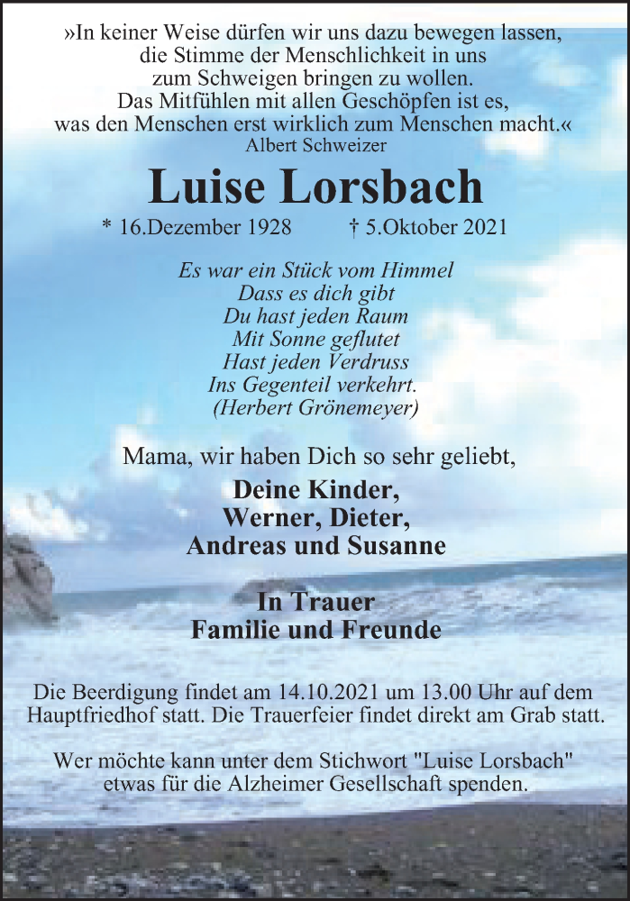  Traueranzeige für Luise Lorsbach vom 13.10.2021 aus Tageszeitung