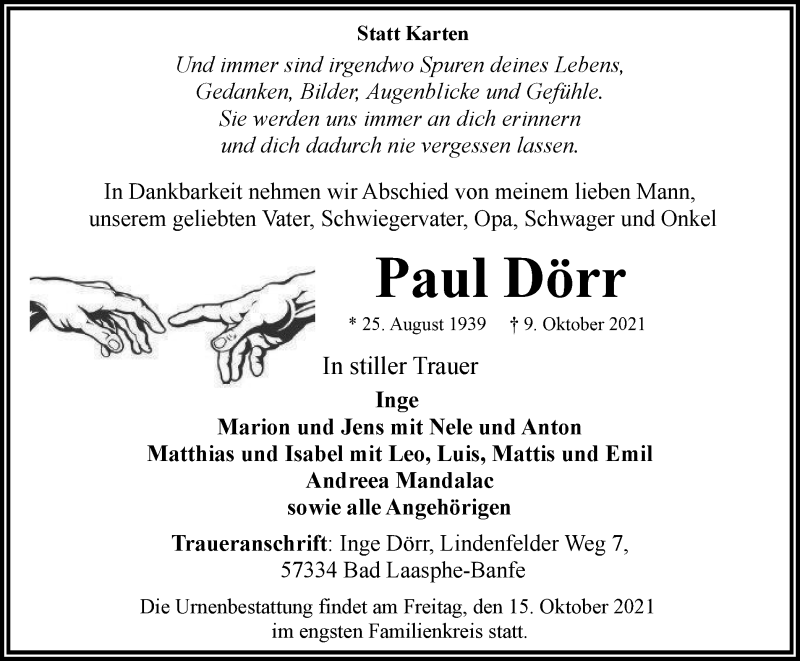  Traueranzeige für Paul Dörr vom 13.10.2021 aus waz