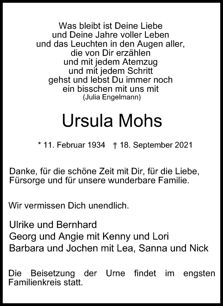  Traueranzeige für Ursula Mohs vom 15.10.2021 aus Tageszeitung