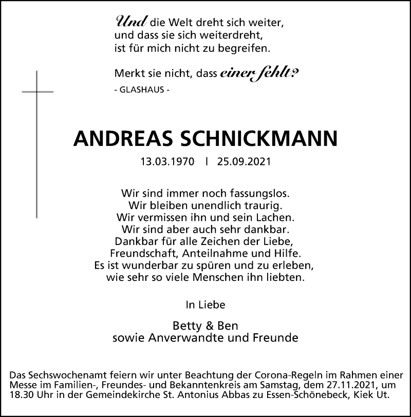  Traueranzeige für Andreas Schnickmann vom 20.11.2021 aus Tageszeitung