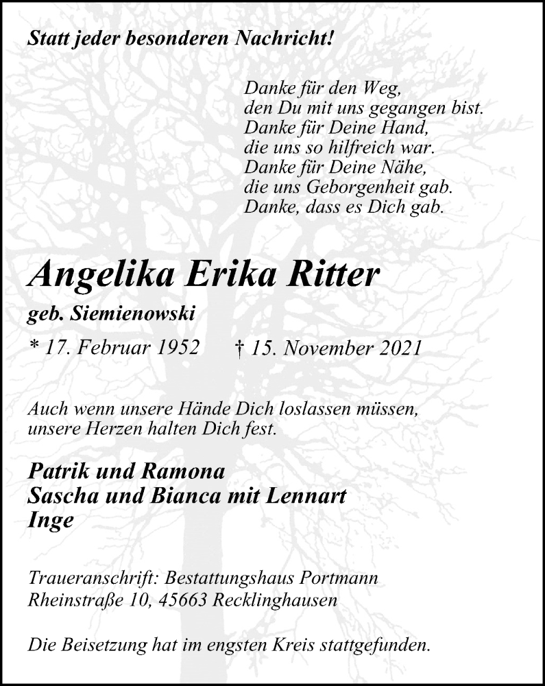  Traueranzeige für Angelika Erika Ritter vom 27.11.2021 aus waz
