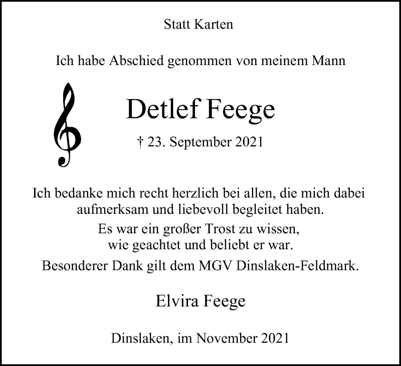  Traueranzeige für Detlef Feege vom 20.11.2021 aus waz