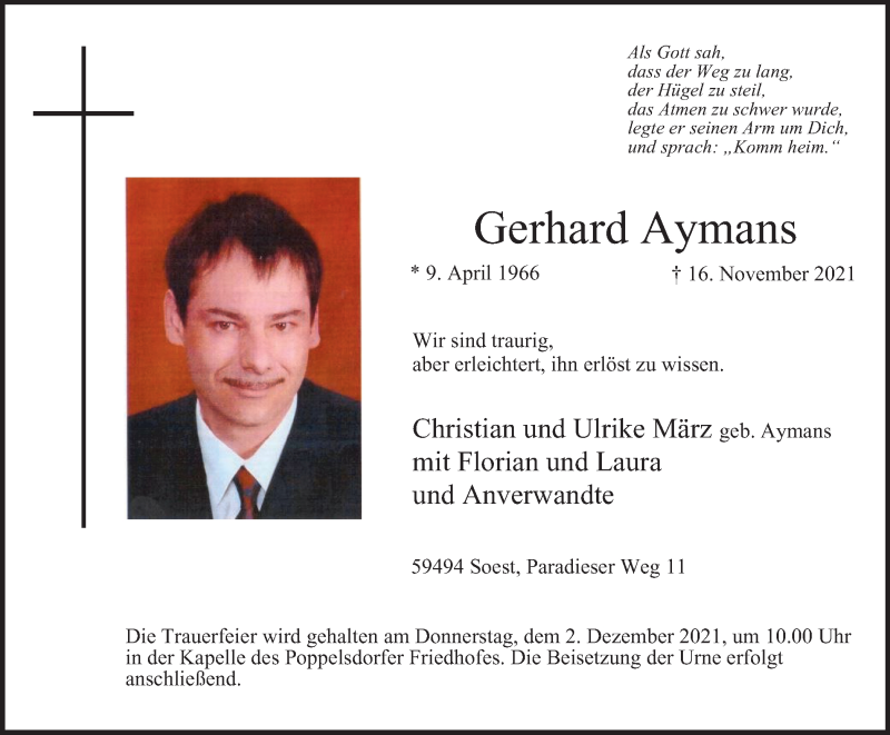  Traueranzeige für Gerhard Aymans vom 27.11.2021 aus waz