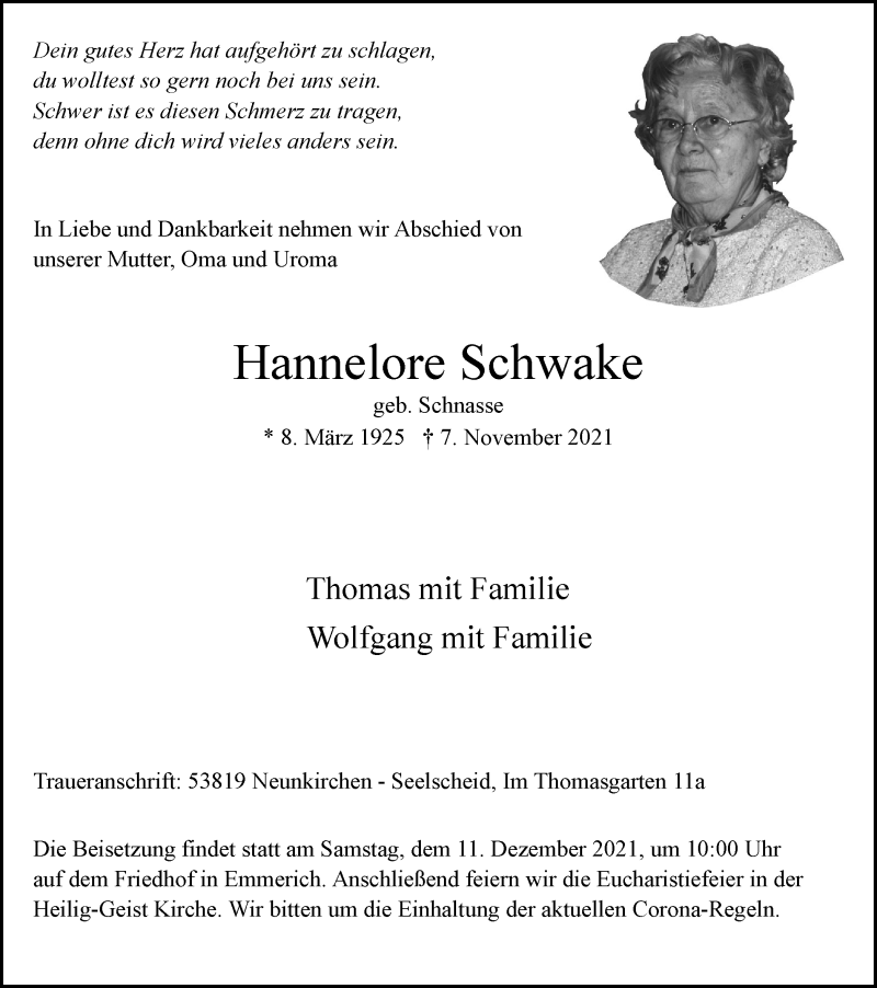  Traueranzeige für Hannelore Schwake vom 27.11.2021 aus Tageszeitung