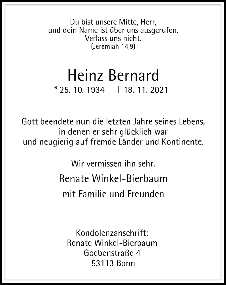  Traueranzeige für Heinz Bernard vom 27.11.2021 aus waz