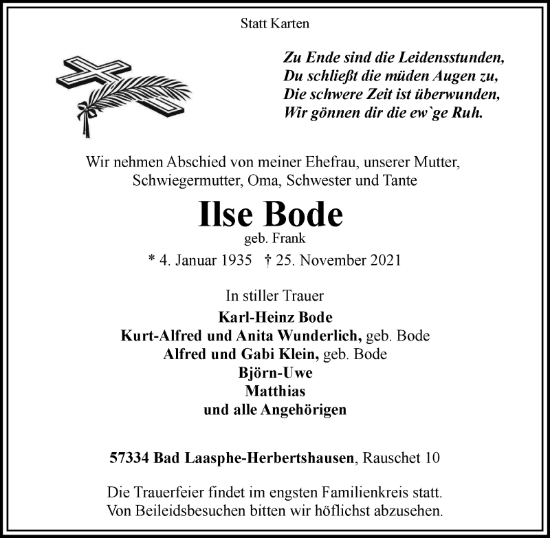  Traueranzeige für Ilse Bode vom 29.11.2021 aus waz