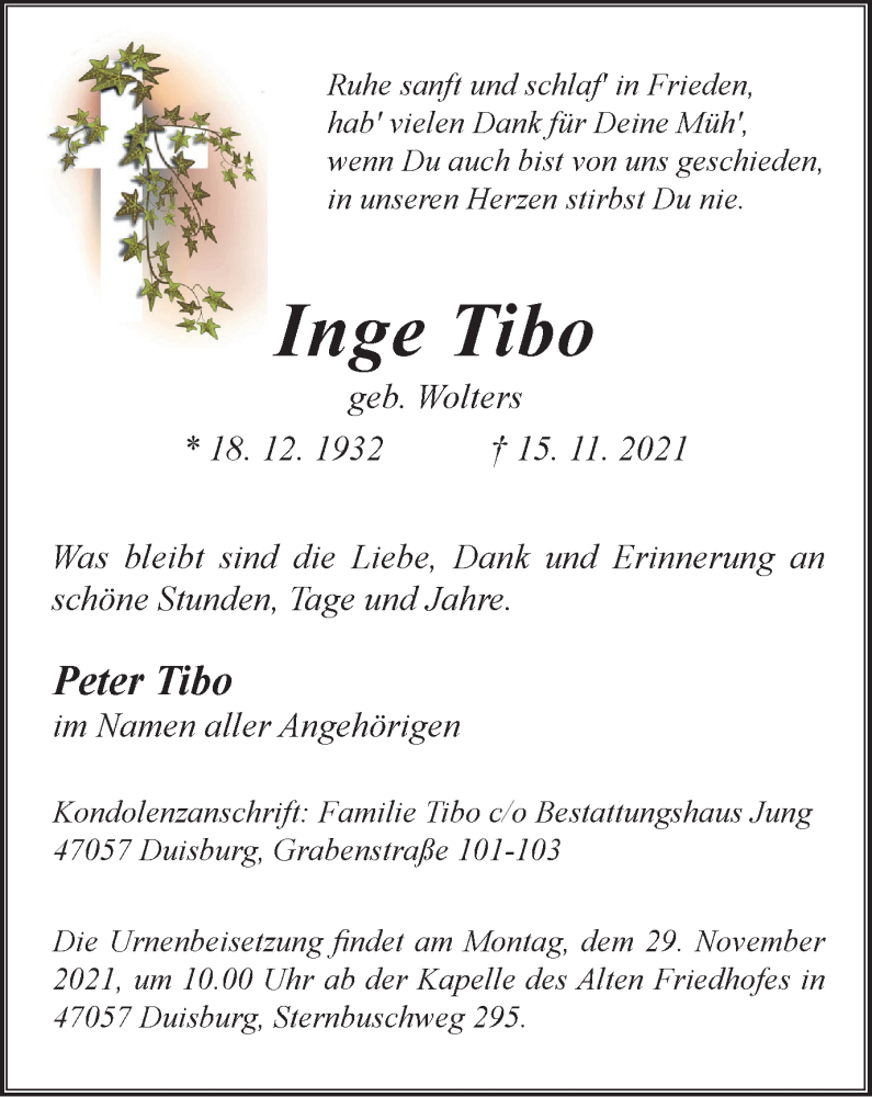  Traueranzeige für Inge Tibo vom 24.11.2021 aus Tageszeitung